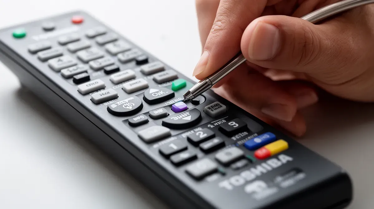 Gros plan sur la touche CHK d'une télécommande Toshiba actionnée avec un stylo pour accéder aux codes défaut