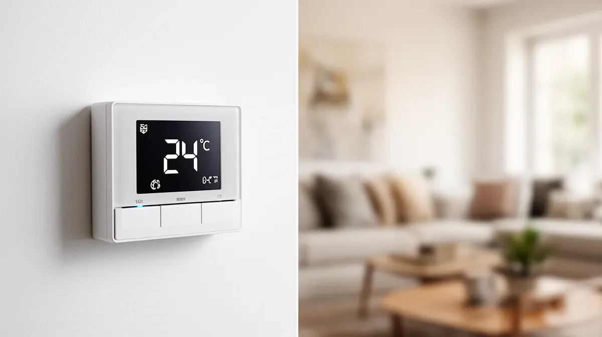Thermostat mural affichant une température de consigne de 24 degrés Celsius