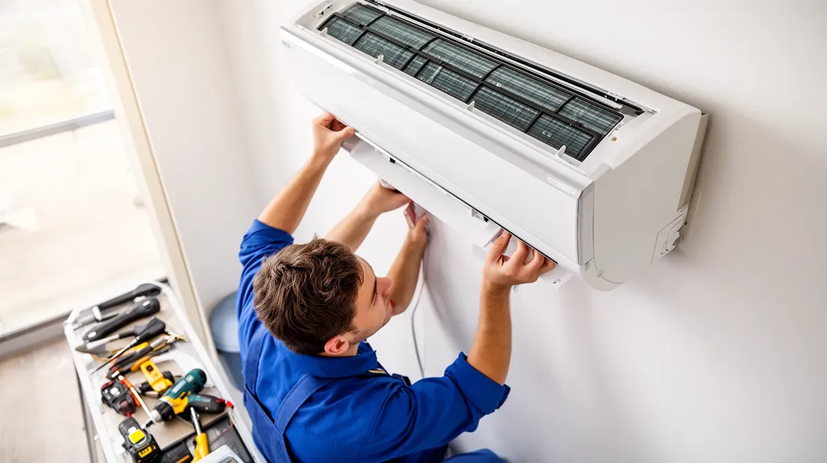 Technicien installant un climatiseur mural dans une pièce bien éclairée