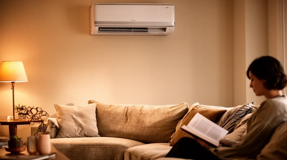 Salon confortable avec climatiseur Heiwa en fonctionnement, ambiance chaleureuse
