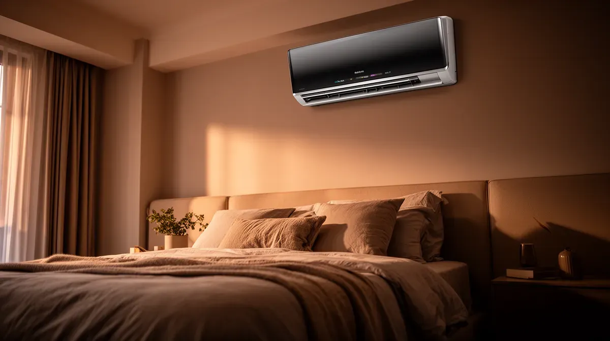 Chambre confortable avec un climatiseur mural discret au-dessus du lit