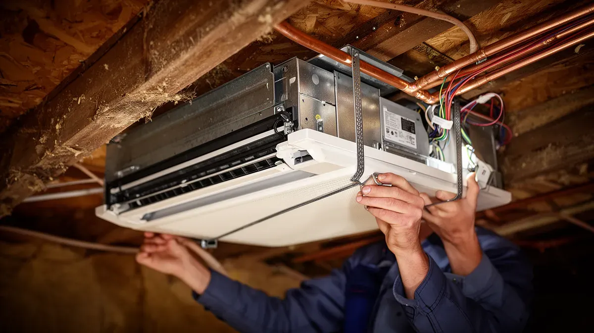 Pose de l'unité intérieure d'une clim gainable dans un faux-plafond