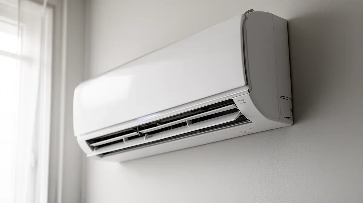 Gros plan sur une unité intérieure murale de climatisation split dans un salon moderne