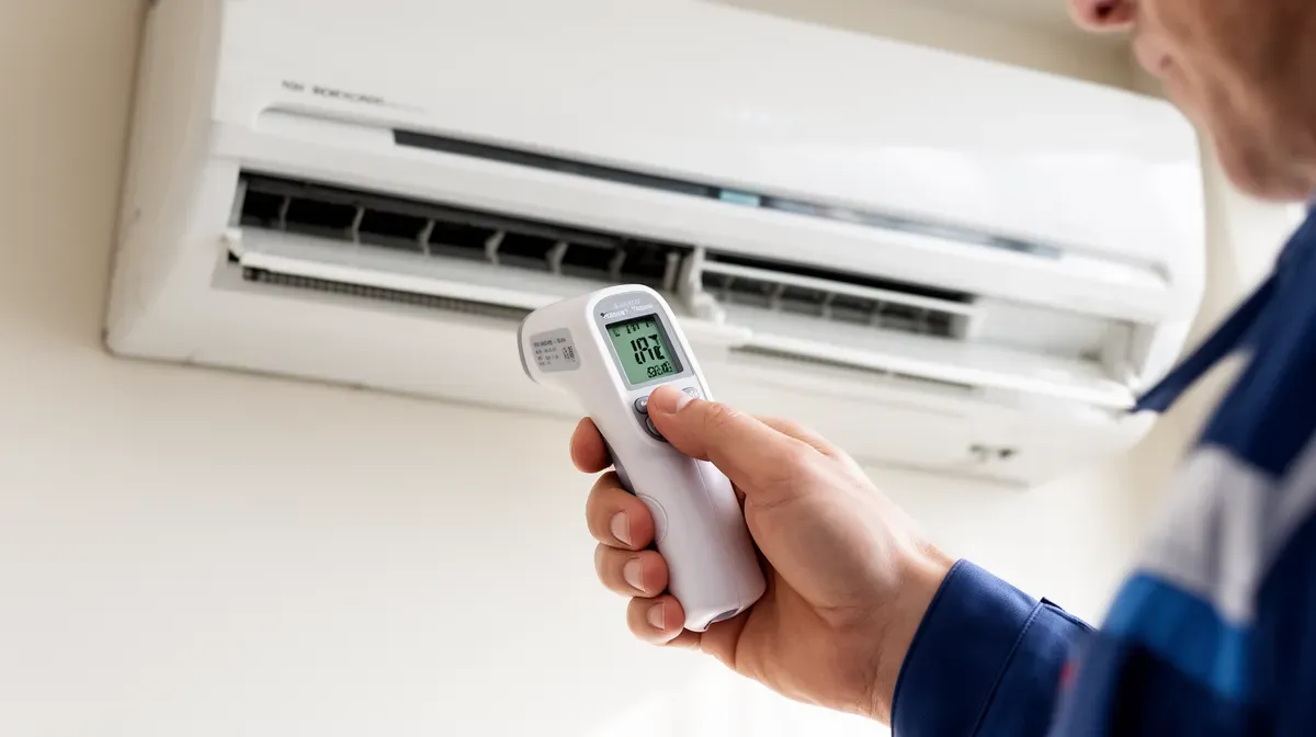 Technicien mesurant la température d'une pièce avec un thermomètre numérique devant une unité de climatisation