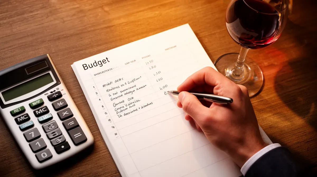 Planification du budget pour l'achat d'un climatiseur de cave à vin, avec calculatrice et verre de vin