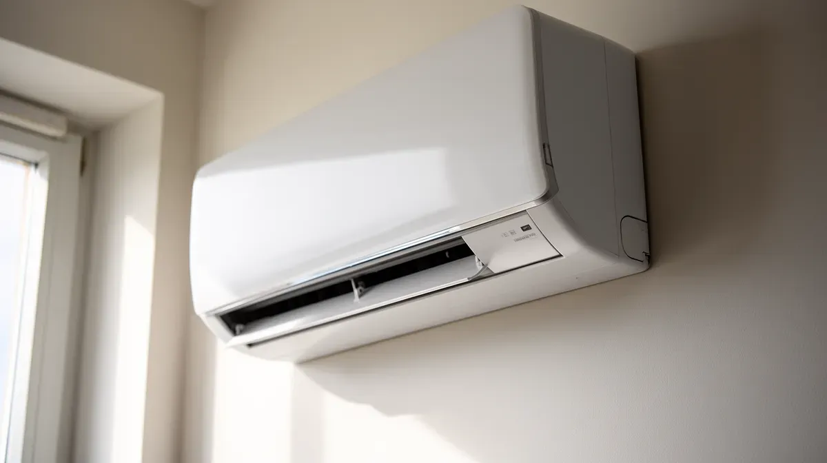Gros plan sur une unité intérieure de climatisation Hitachi au design épuré