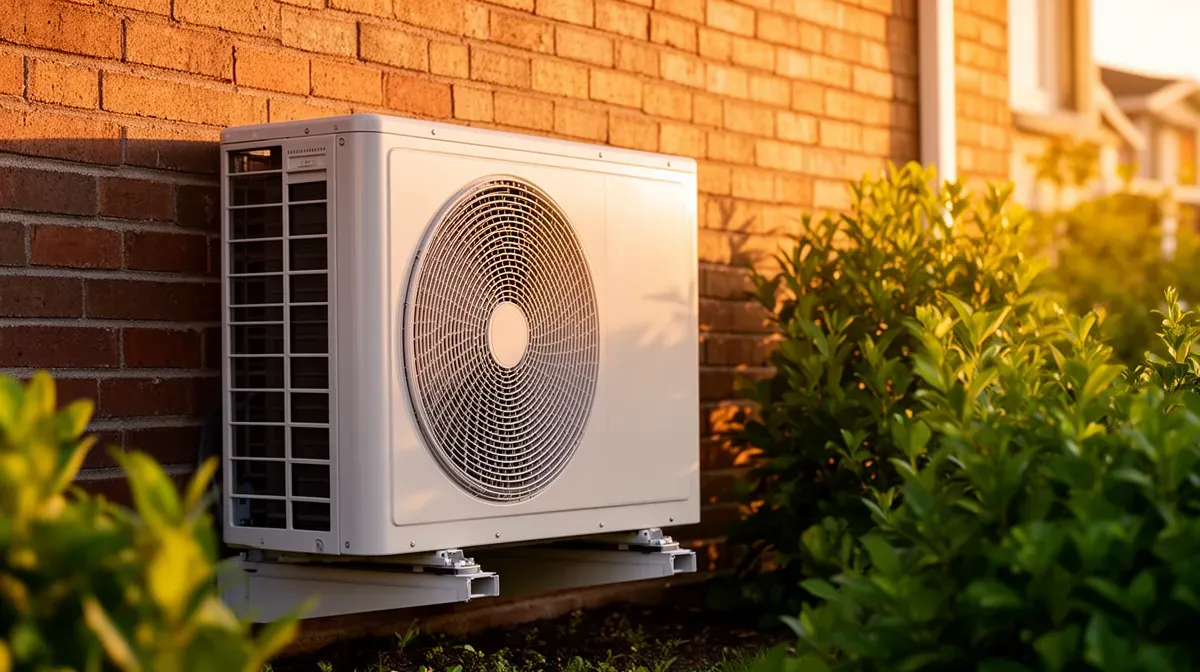 Unité extérieure de climatisation Hitachi installée sur un mur en brique