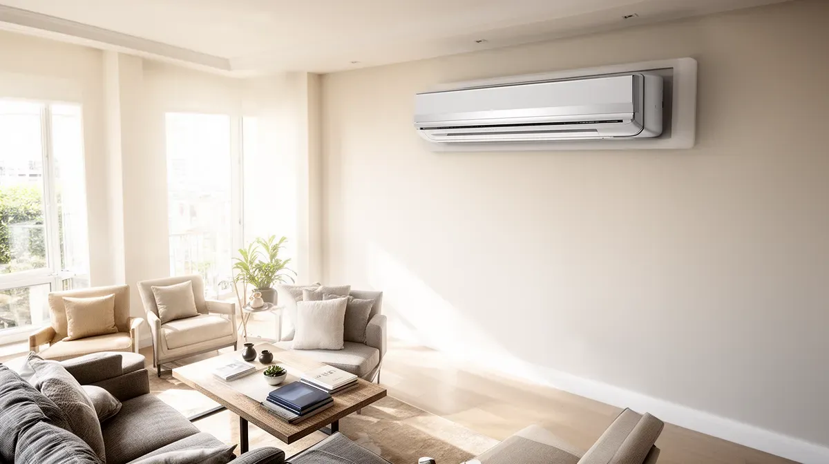 Salon contemporain avec une climatisation murale intégrée discrètement