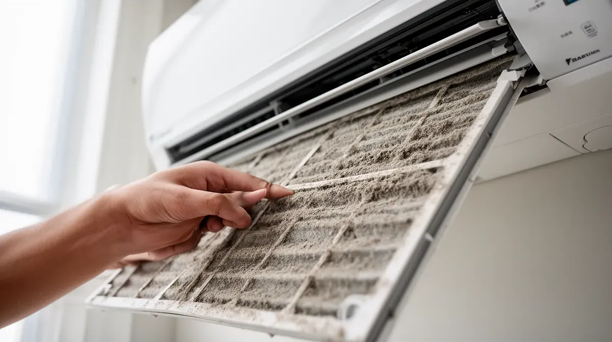 Gros plan sur la main d'une personne retirant un filtre encrassé d'une clim Daikin