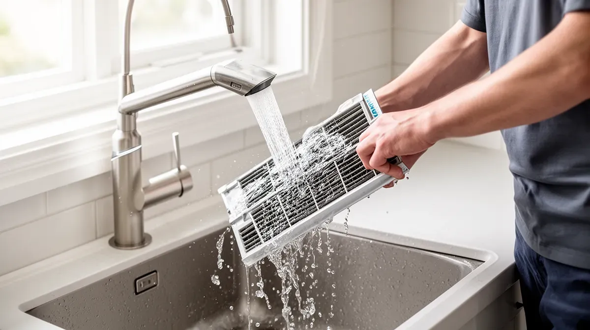Personne rinçant un filtre de climatisation Daikin à l'eau tiède dans un évier