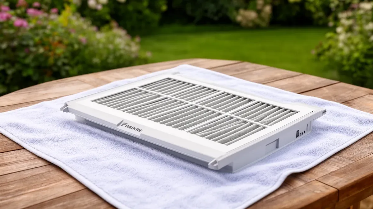 Filtre de climatisation Daikin séchant à l'ombre sur une serviette propre