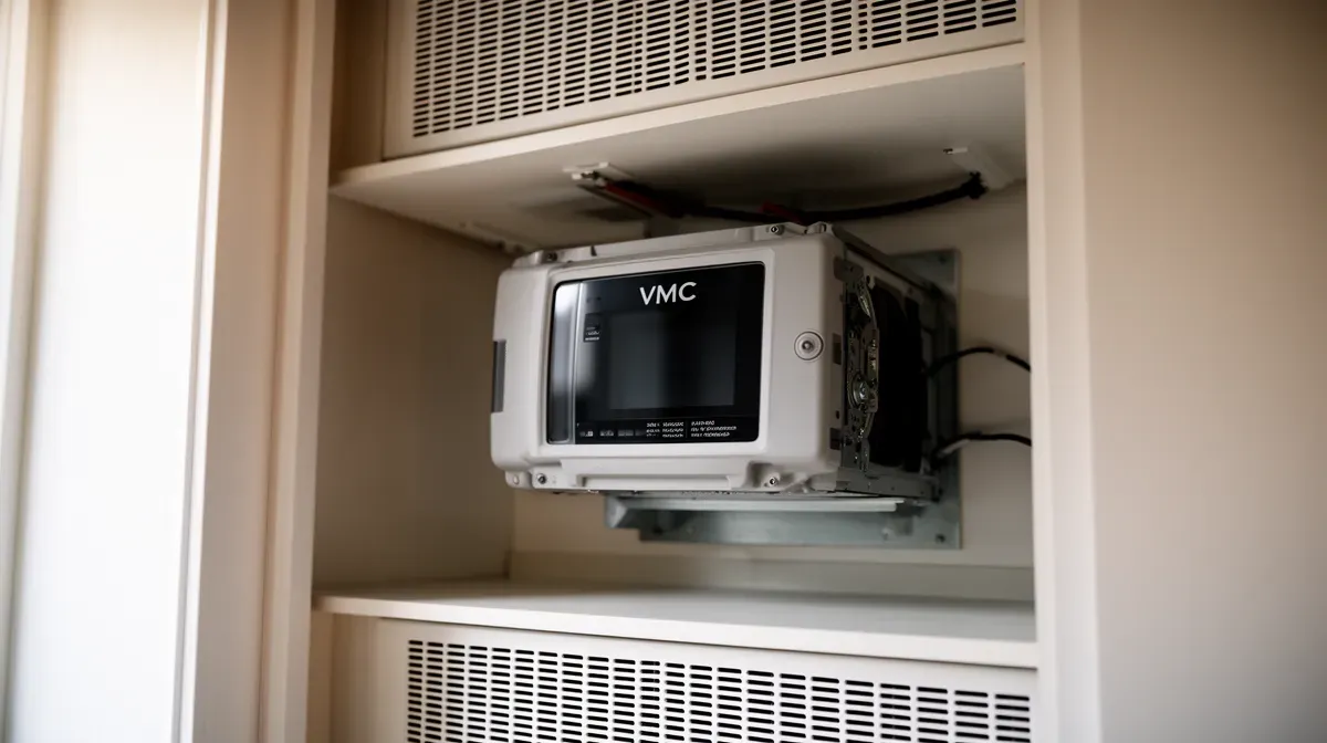 Gros plan sur une VMC compacte installée en hauteur dans un placard, avec grilles d'aération et espace de maintenance dégagé.