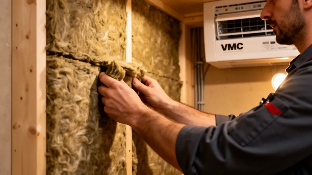 Installation d'une isolation acoustique en laine de roche dans un placard pour réduire le bruit d'une VMC.