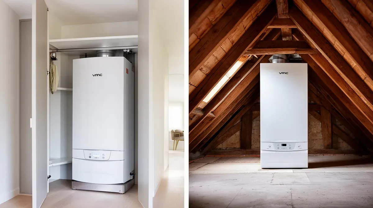 Comparaison visuelle entre une VMC installée dans un placard et une VMC installée dans des combles.