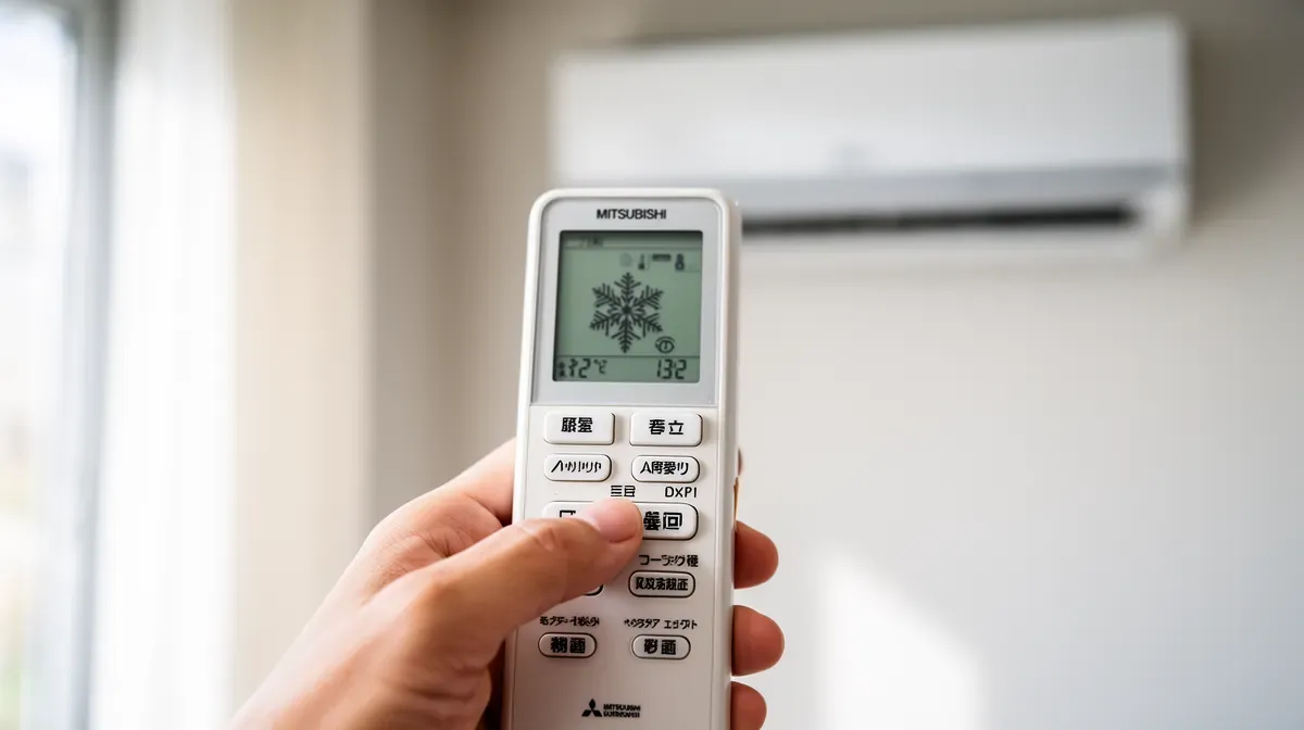 Gros plan sur une main tenant la télécommande de clim Mitsubishi, l'écran affiche le mode froid avec le symbole flocon