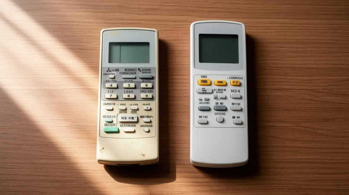 Vue de dessus de deux télécommandes de climatisation Mitsubishi, l'ancienne et la nouvelle, posées sur une table en bois