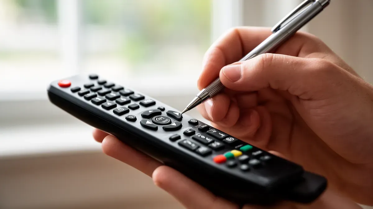 Gros plan sur une main utilisant un stylo pour appuyer sur la touche CHK d'une télécommande de climatisation