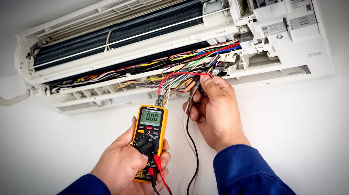 Vue de dessus des mains d'un technicien vérifiant les connexions électriques d'une unité de climatisation