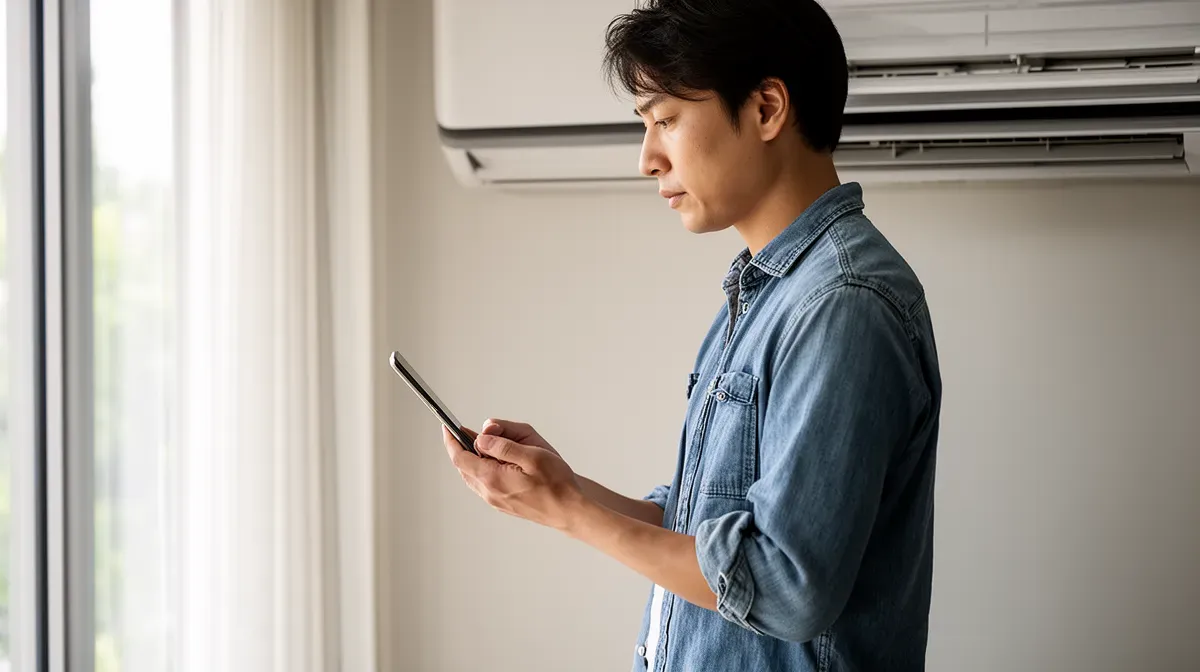 Personne consultant son smartphone devant une climatisation murale, vue de côté