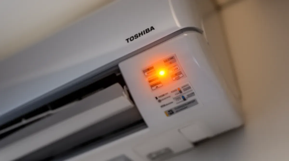 Gros plan sur le voyant orange clignotant d'une climatisation Toshiba