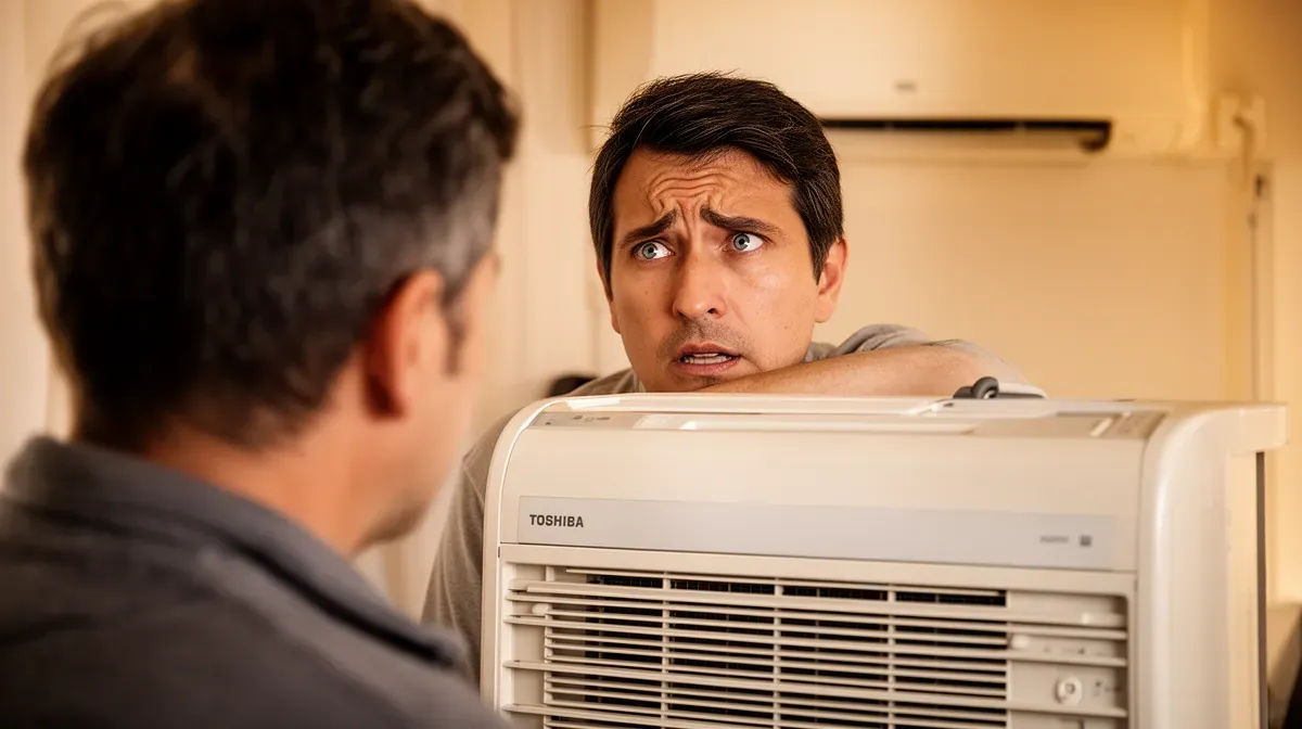 Propriétaire observant sa climatisation Toshiba avec un voyant clignotant