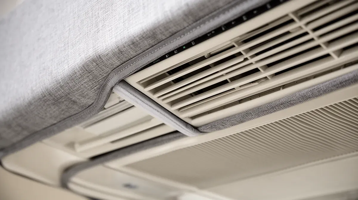 Gros plan sur un cache clim anti-bruit montrant les grilles de ventilation