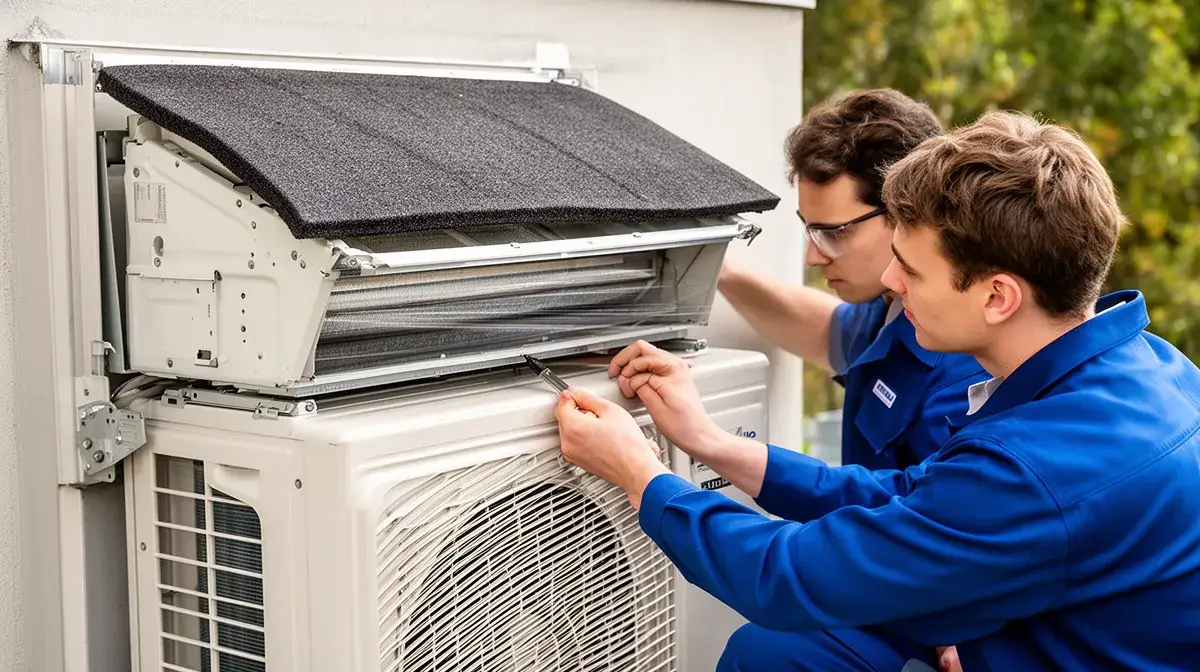 Installation d'un cache clim anti-bruit par un technicien