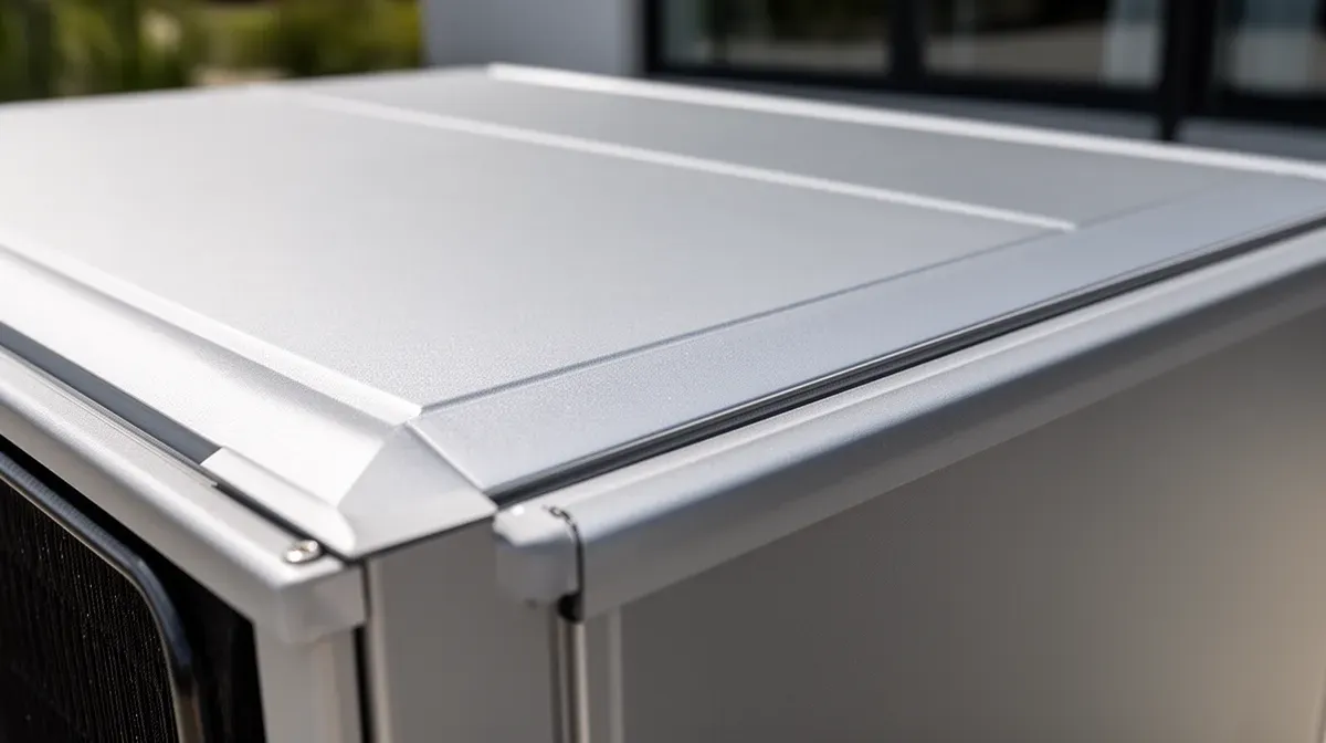 Gros plan sur un cache de climatiseur en aluminium composite, mettant en évidence la texture et la finition du matériau.