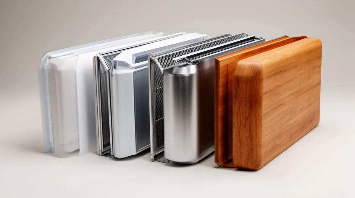Comparaison visuelle de plusieurs caches pour climatiseur extérieur en PVC, aluminium, acier et bois, présentés côte à côte.