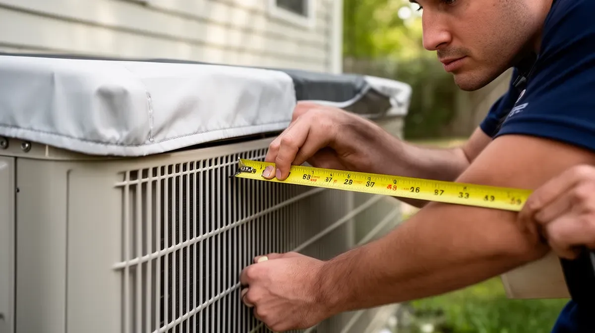 Technicien mesurant une unité extérieure de climatiseur avant l'installation d'un cache sur mesure.