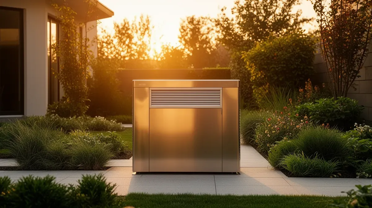 Cache de climatiseur en acier thermolaqué haut de gamme installé dans un jardin contemporain, baigné par la lumière dorée du soir.