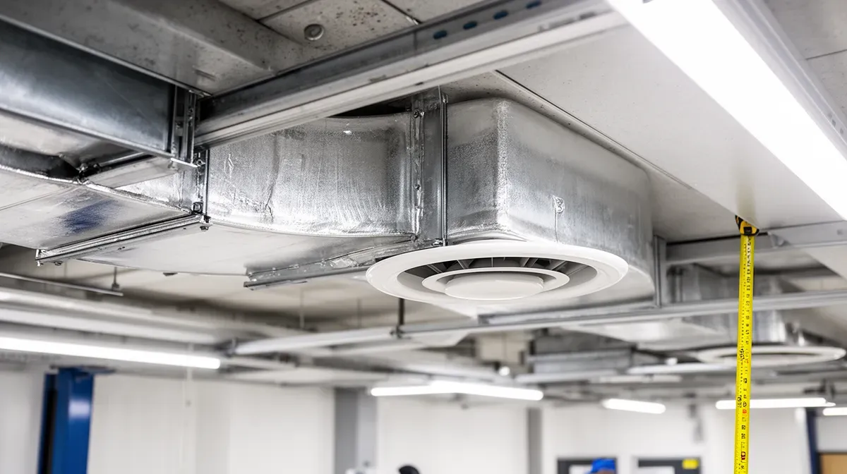 Gros plan sur l'installation d'une gaine et d'une bouche de climatisation gainable