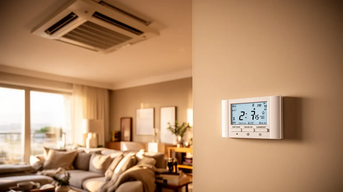 Vue en contre-plongée d'un salon avec une bouche de soufflage au plafond et un thermostat mural