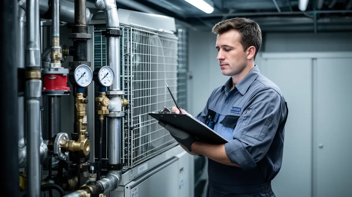 Technicien inspectant une unité extérieure de climatisation gainable lors de l'entretien