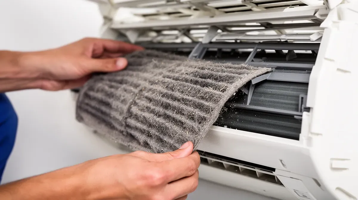 Gros plan sur les mains d'un technicien retirant un filtre encrassé d'un climatiseur