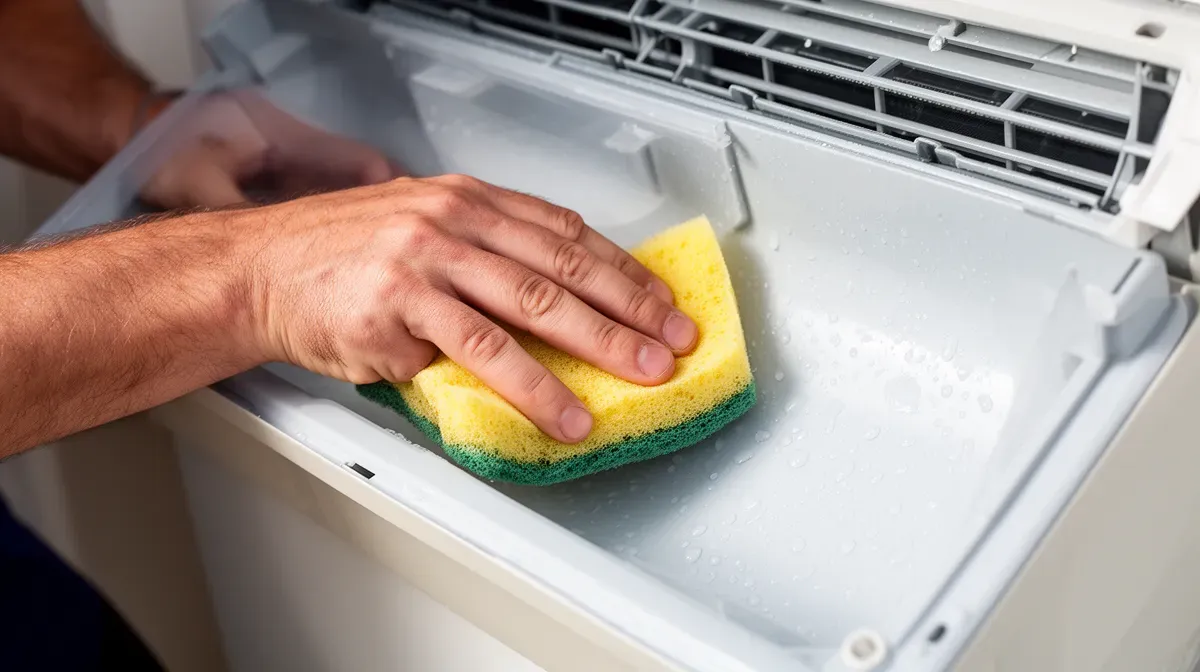 Gros plan sur le nettoyage du bac à condensats d'un climatiseur avec une éponge