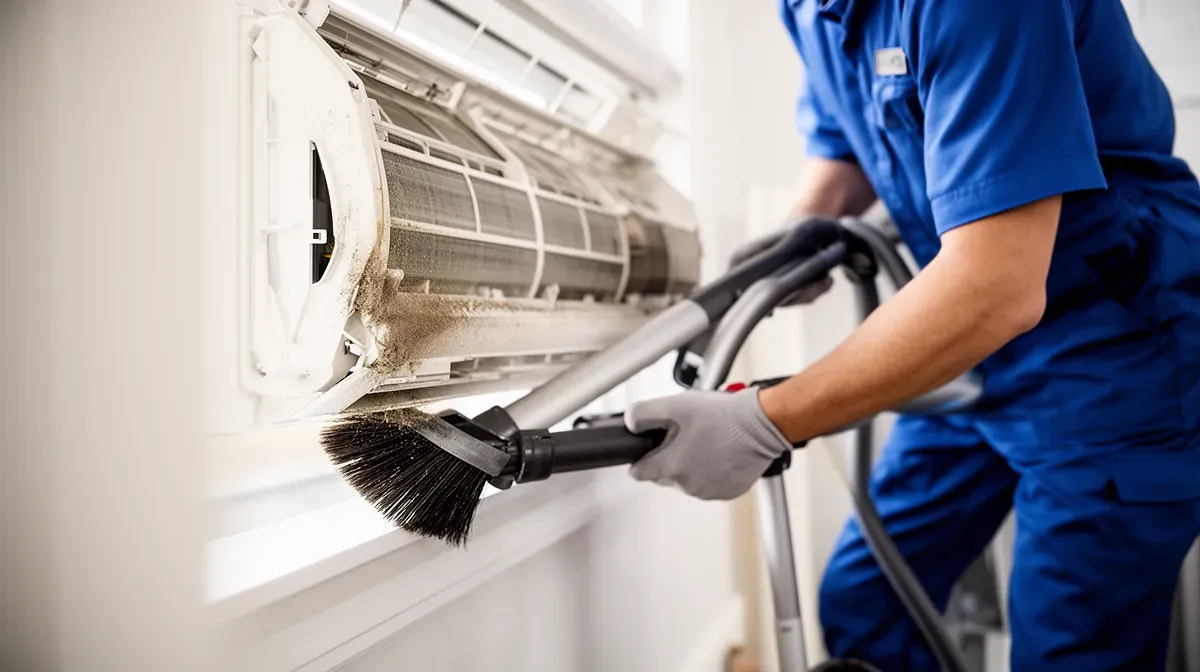 Un technicien aspire la poussière d'un filtre de climatisation avec un aspirateur