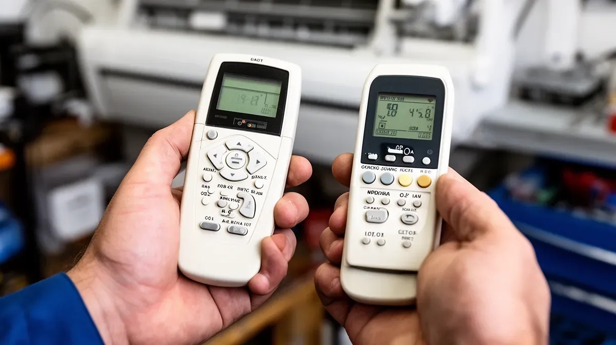 Gros plan sur deux télécommandes de climatiseurs différentes, comparées par un technicien