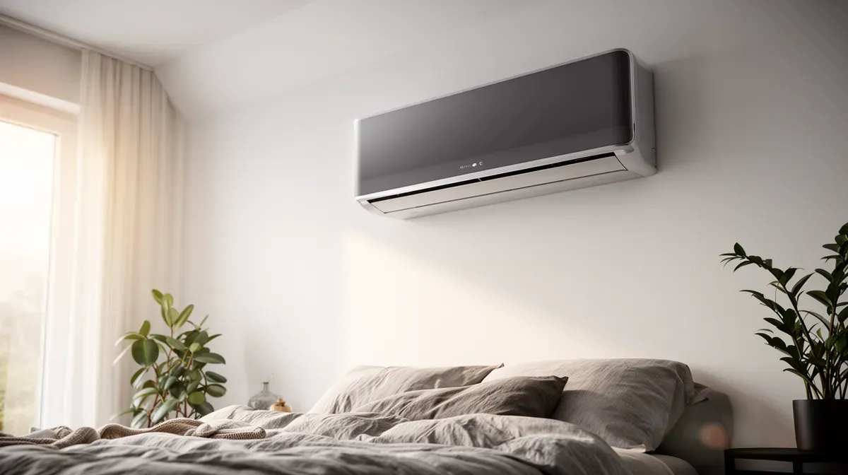 Climatiseur design blanc installé dans une chambre minimaliste, ambiance apaisante