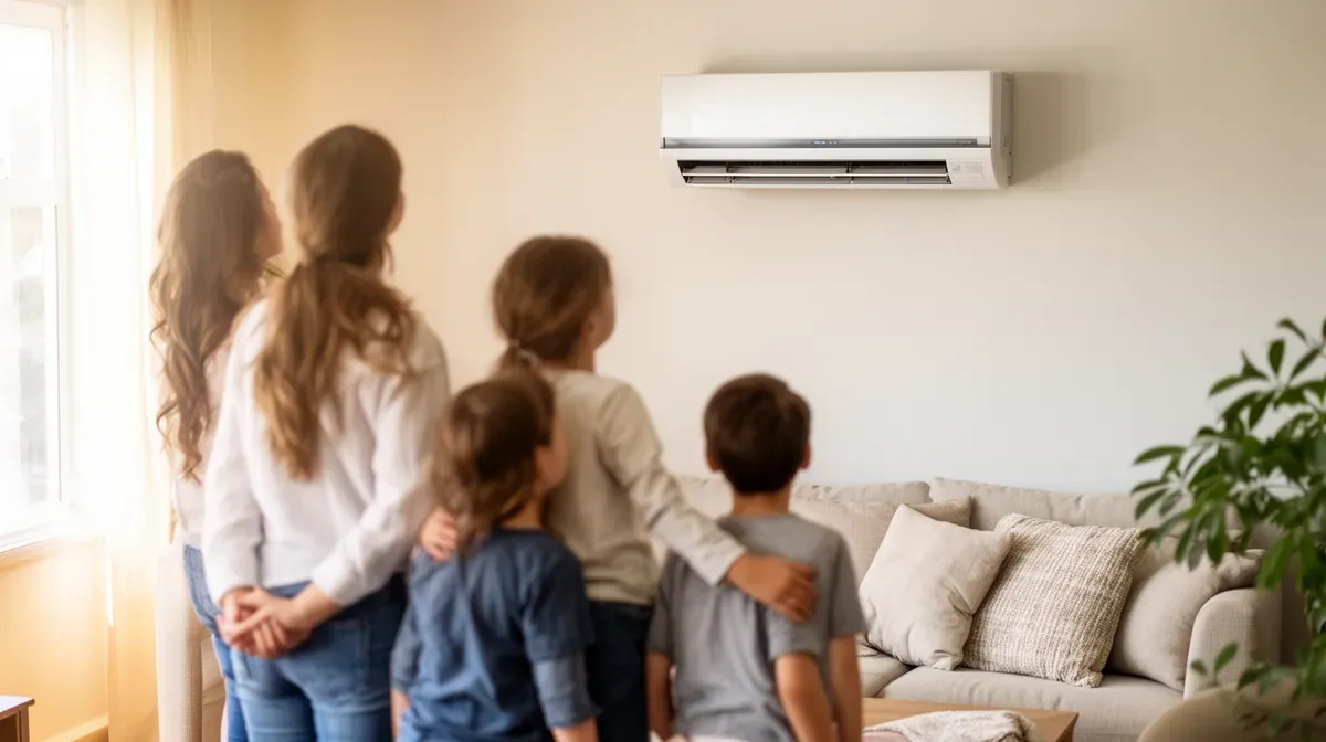 Famille de dos observant un climatiseur mural dans un salon lumineux