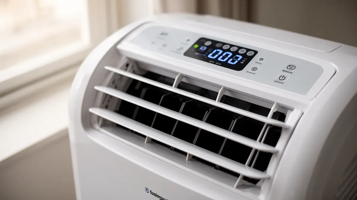 Gros plan sur le panneau de commande et la sortie d'air d'un climatiseur mobile