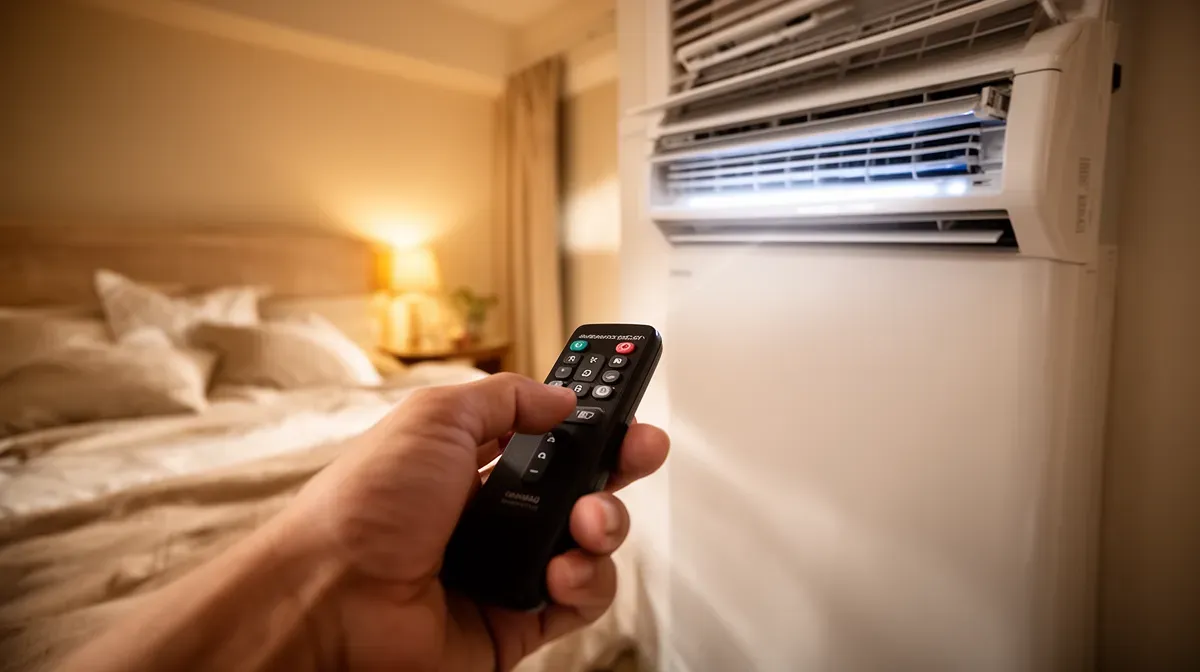 Main utilisant une télécommande pour régler un climatiseur mobile dans une chambre
