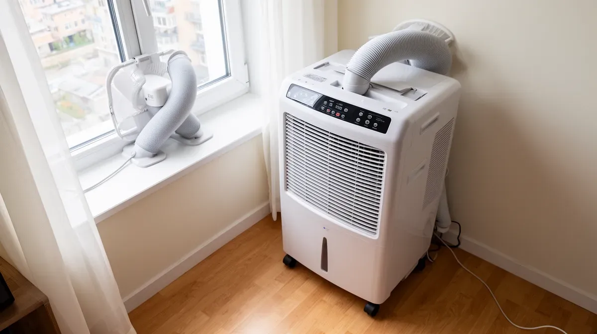 Climatiseur mobile installé près d'une fenêtre dans un petit appartement