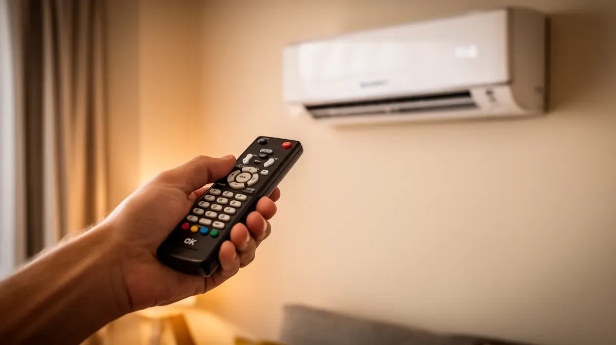 Personne utilisant une télécommande pour régler un climatiseur mural
