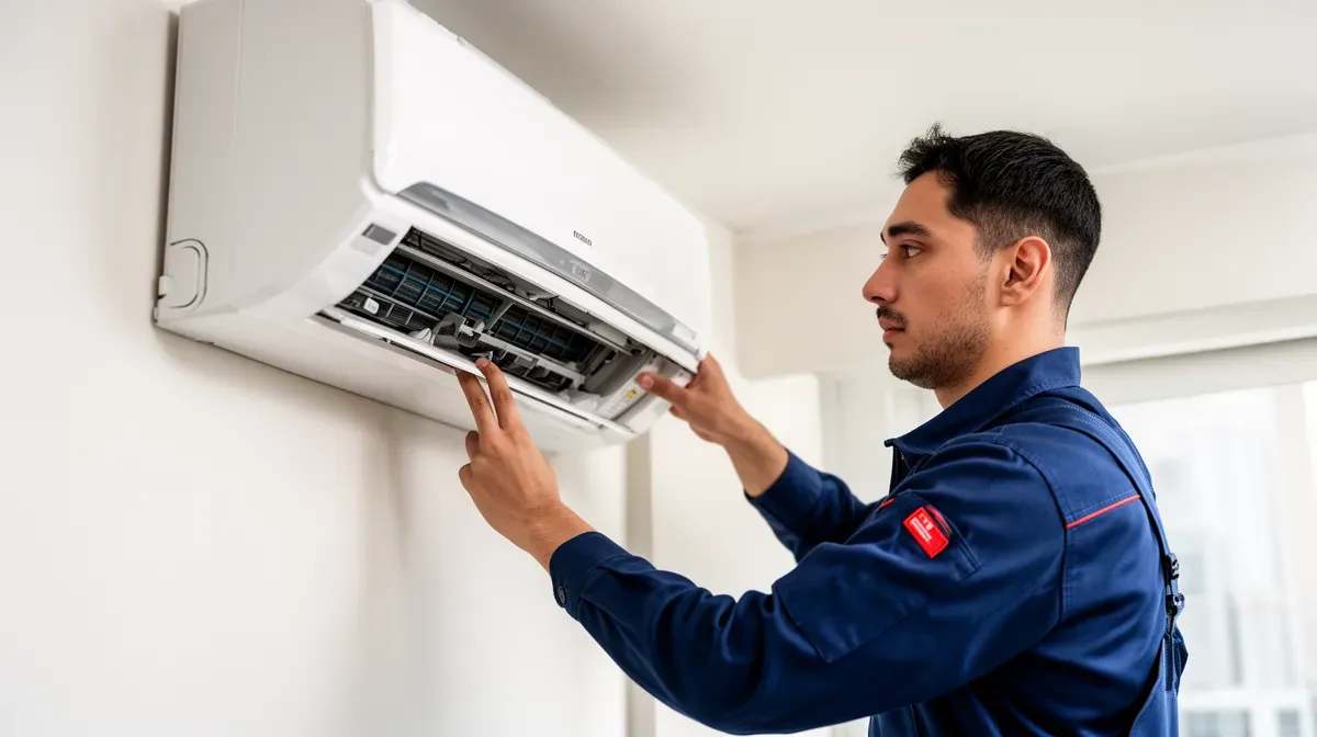 Technicien installant un climatiseur mural dans une pièce