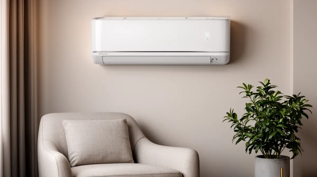 Climatiseur mural moderne dans un intérieur contemporain, au-dessus d'un fauteuil et d'une plante verte