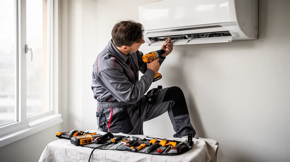 Technicien en tenue professionnelle installant un climatiseur mural dans une pièce