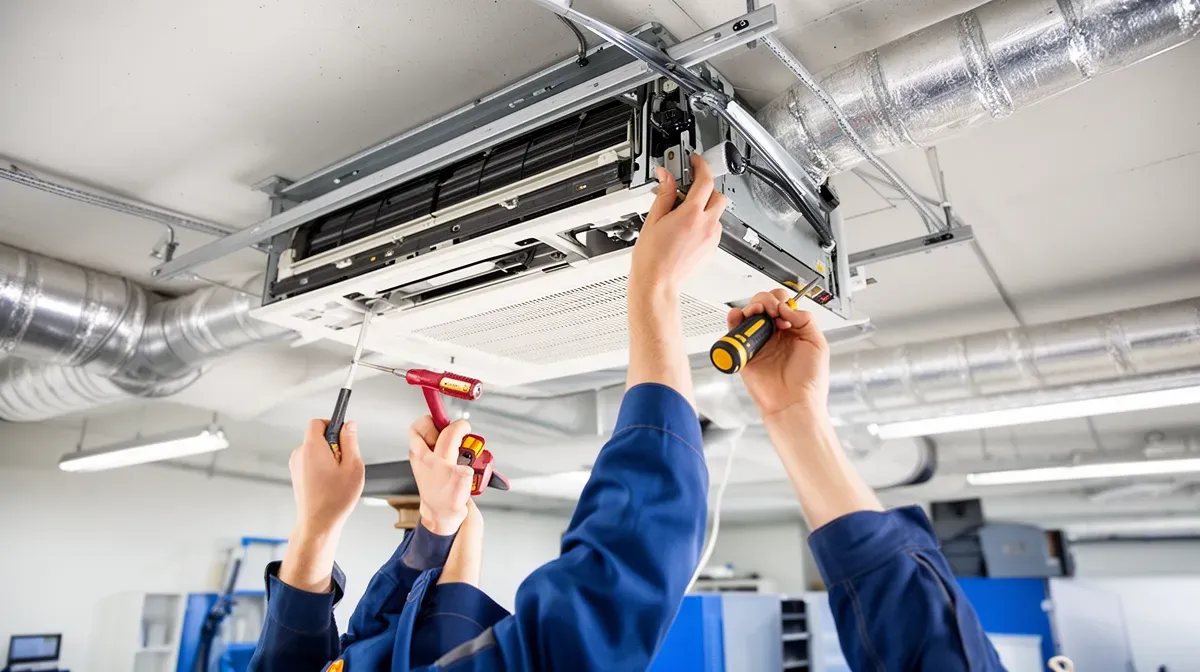 Technicien installant une unité intérieure gainable dans un faux plafond