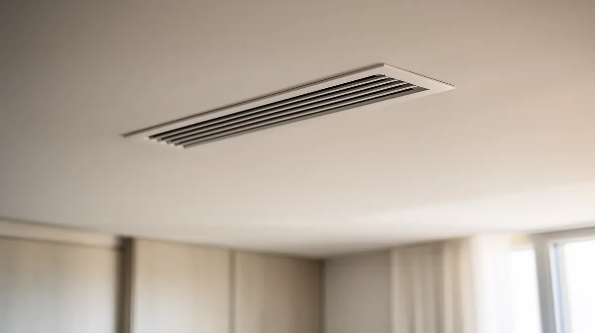 Bouche de soufflage discrète d'une climatisation gainable dans un plafond moderne