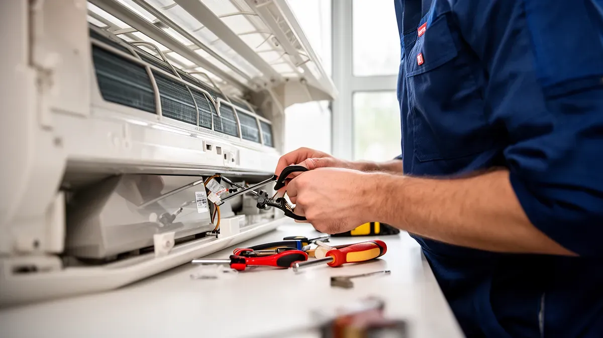 Technicien effectuant l'entretien d'une climatisation gainable